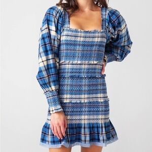 LoveShackFancy Blue Plaid Smocked Mini Dress